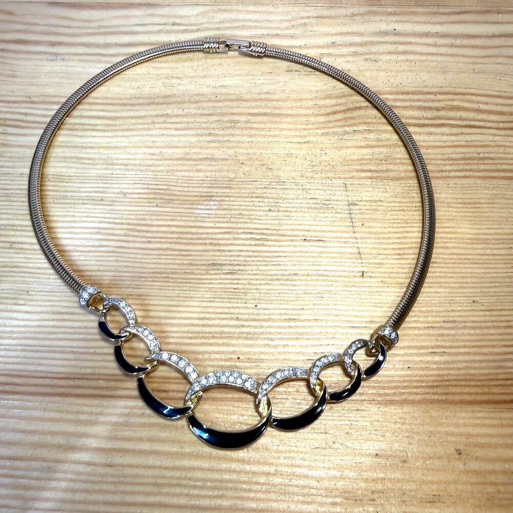 Vintage Trifari Black Enamel Rhinestone Gold Tone Statement Necklace